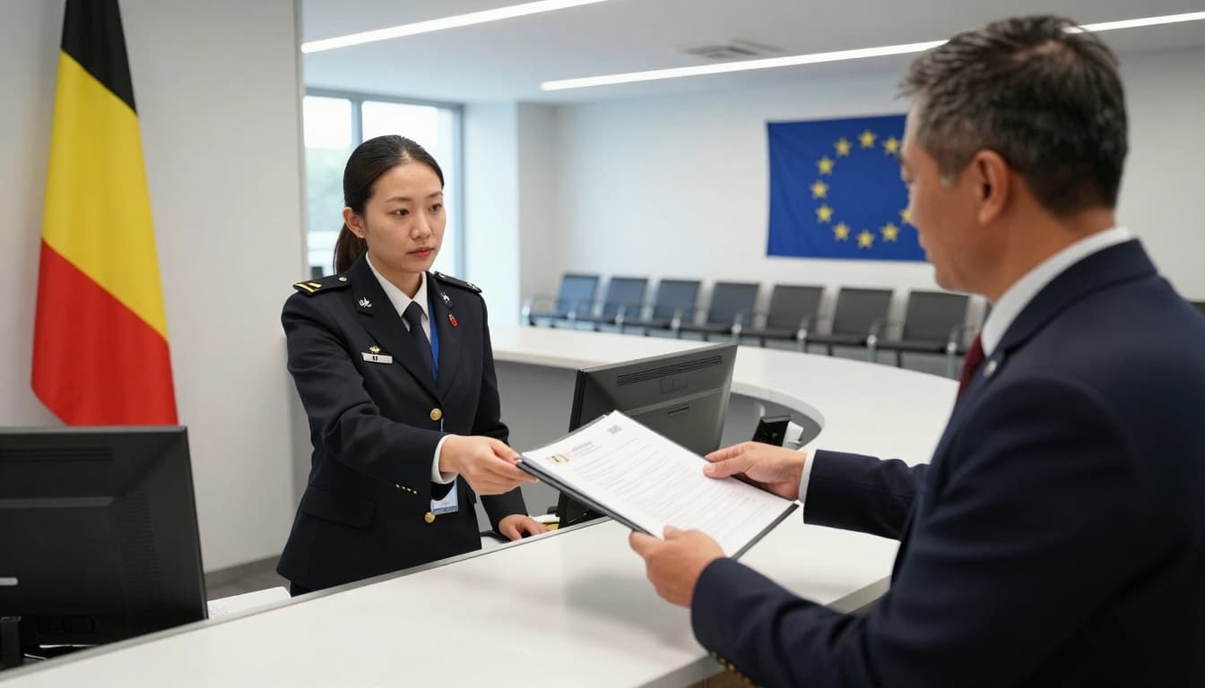 Visa Application Belgium Embassy Guide Steps Fees Tips 2 A middle-aged Asian applicant hands a folder of documents to a uniformed embassy officer behind a glass window at a modern Belgium embassy visa counter. Belgian and EU flags are on the walls, with an organized waiting area, realistic photo in natural daylight.