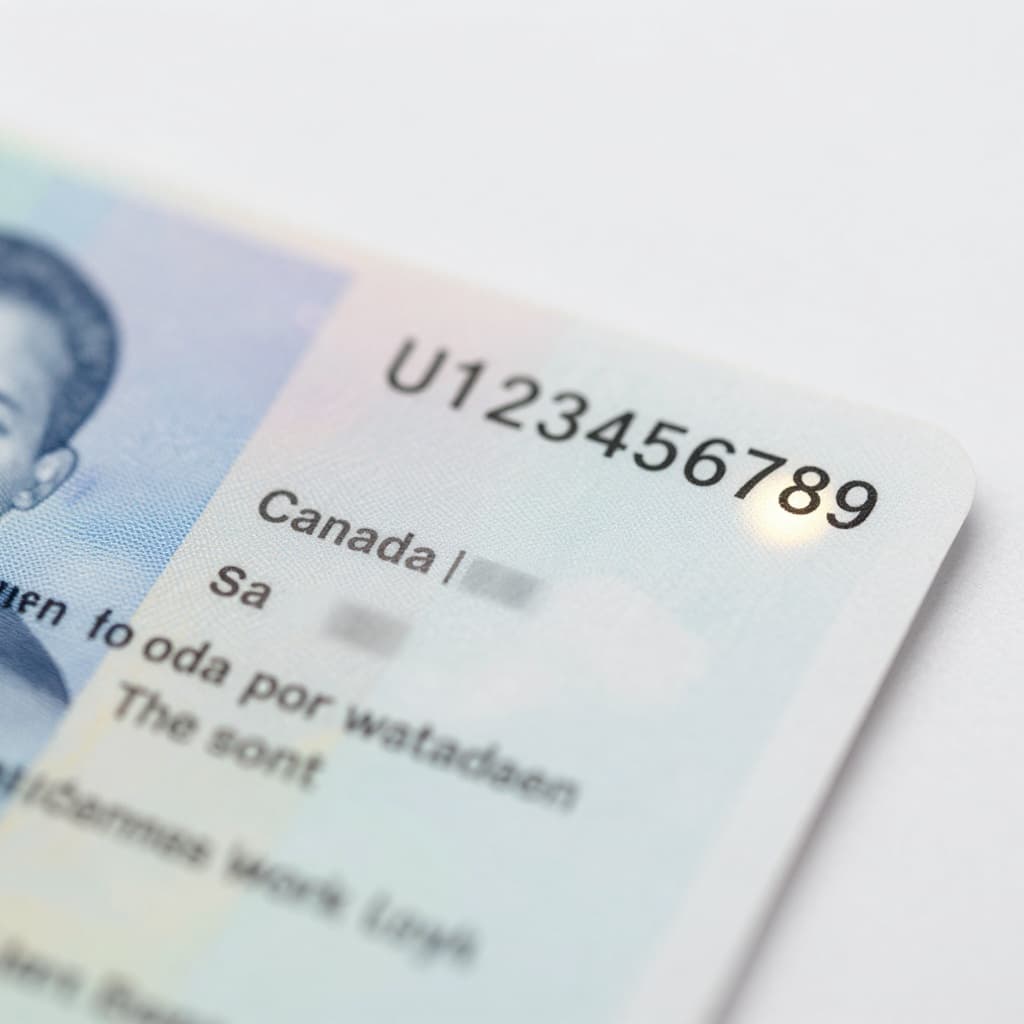 Realistic close-up of a blurred sample Canadian work permit focusing on the top right corner with a subtle glow around a fictional 10-character document number. Features detailed paper texture, softly blurred official stamp, and professional government document style in neutral lighting.
