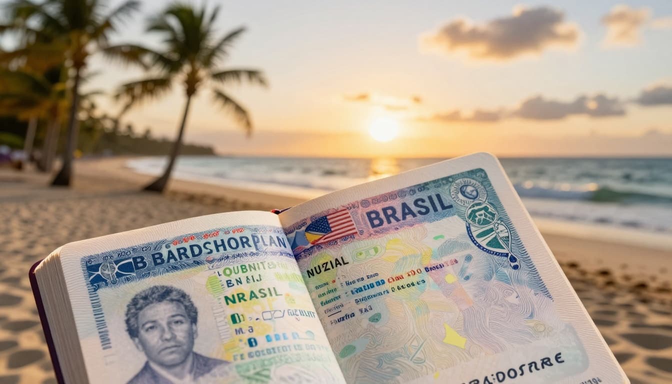 Tourist Visa Brazil Requirements: Fees and Processing 2 A vibrant Brazilian beach scene at sunset with palm trees and ocean waves, featuring an open passport with a colorful Brazil tourist visa stamp in the foreground, captured in realistic photography with warm golden hour lighting.