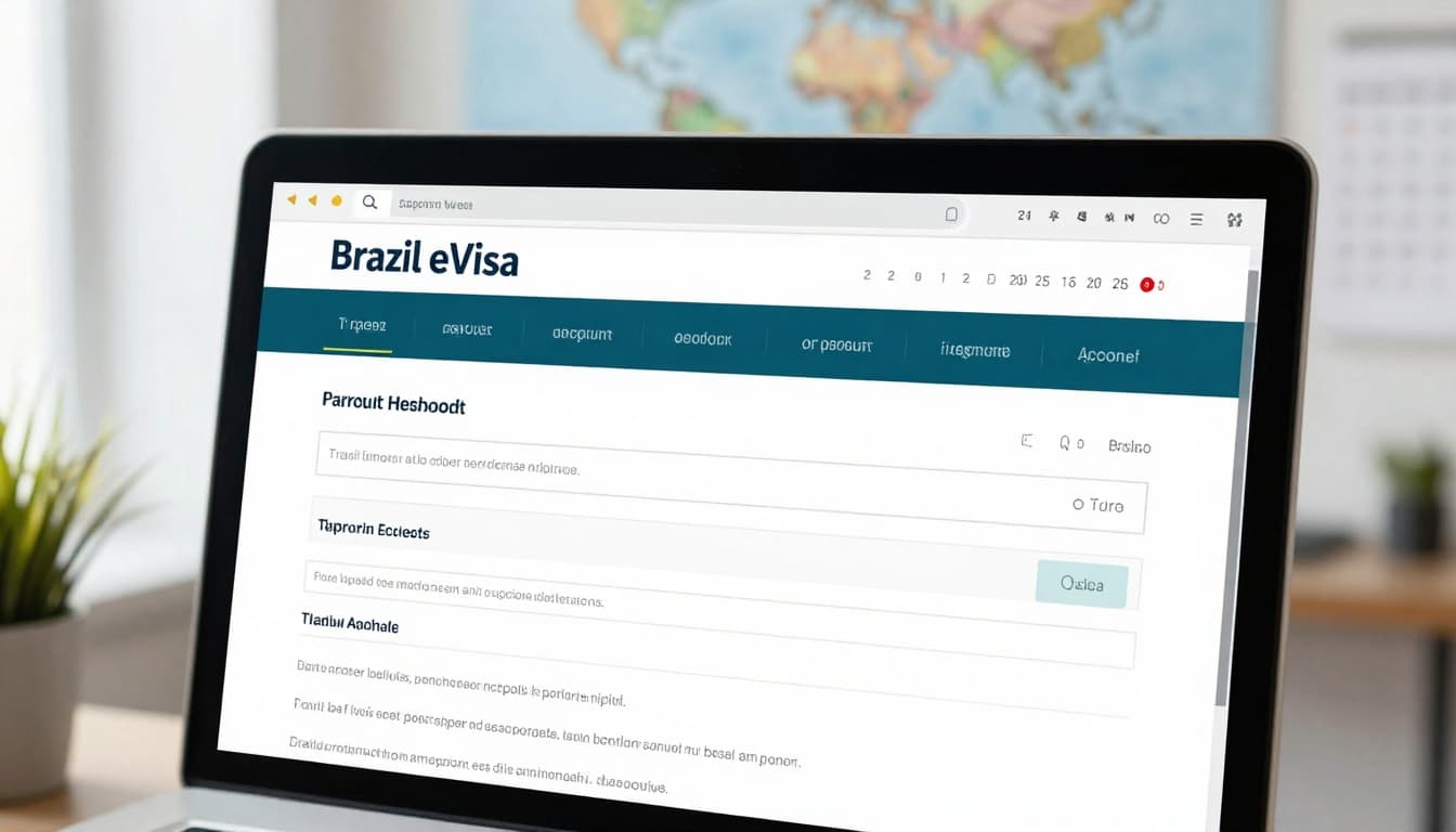 Close-up of a computer screen displaying the Brazil eVisa application form with passport details and travel plans. Background features a world map of Brazil and a 2026 travel calendar in a modern office.