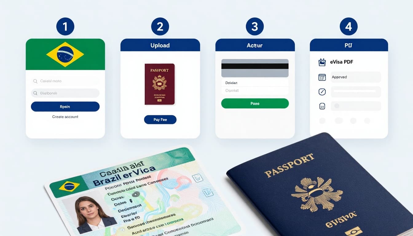 Brazil Visa Application for US Citizens: eVisa, Fees, Steps 2 Clean illustrative graphic in screenshot style depicting the four main steps of Brazil eVisa application: account creation, document upload, payment, and eVisa download, with a printed eVisa next to an open US passport.