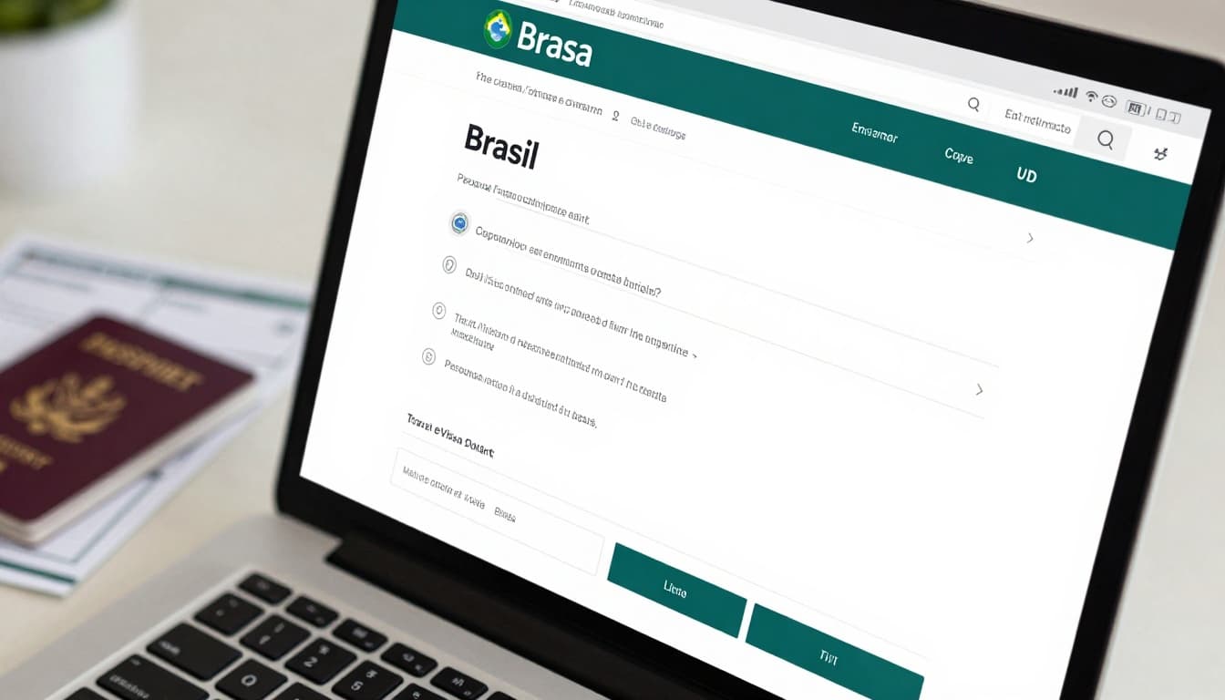 Brazil Visa Application Form Download: Real eVisa Routes 2 A close-up view of a computer screen displaying the Brazil eVisa online application form interface, with fields for personal information, passport details, and upload buttons visible. The background shows a desk with a passport and printed travel itinerary nearby.