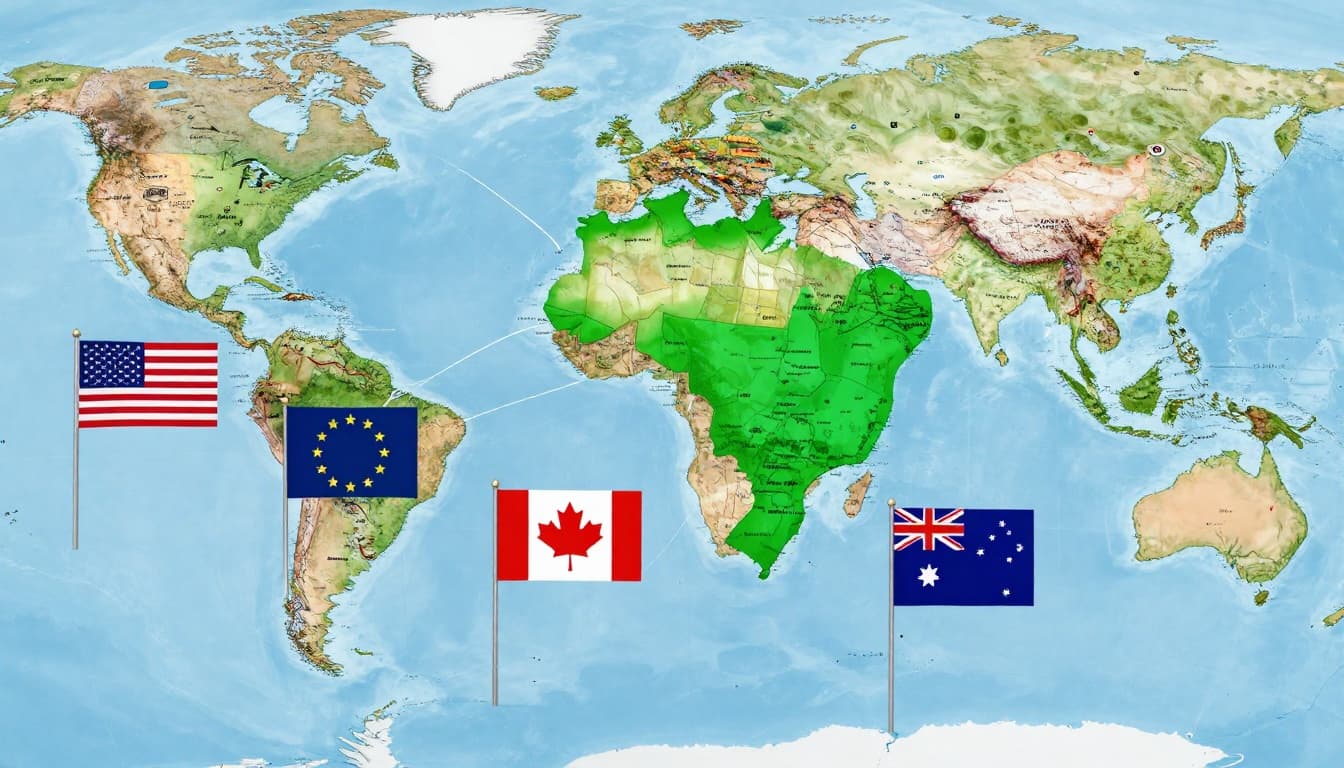 Detailed world map centered on South America with Brazil highlighted in bright green, featuring stylized passport icons from the US, EU, Canada, and Australia flying towards Brazil along global flight routes in a vibrant, adventurous travel poster style.