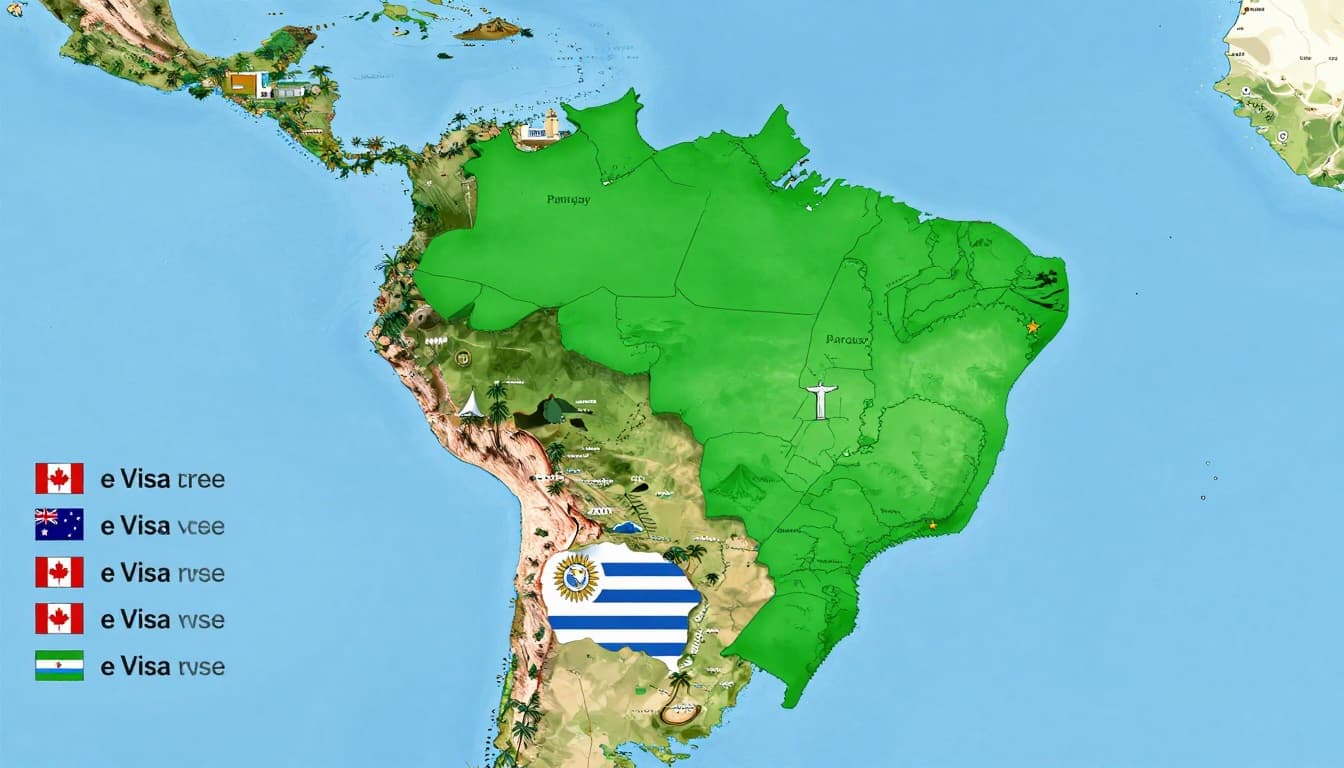 A vibrant landscape map of South America focusing on Brazil, highlighting visa-free neighbors Argentina, Uruguay, and Paraguay in green, with eVisa countries like USA, Canada, and Australia marked in red. Includes subtle Brazilian icons such as Christ the Redeemer, Sugarloaf Mountain, and Copacabana beach in a realistic infographic style with a sunny tropical mood.