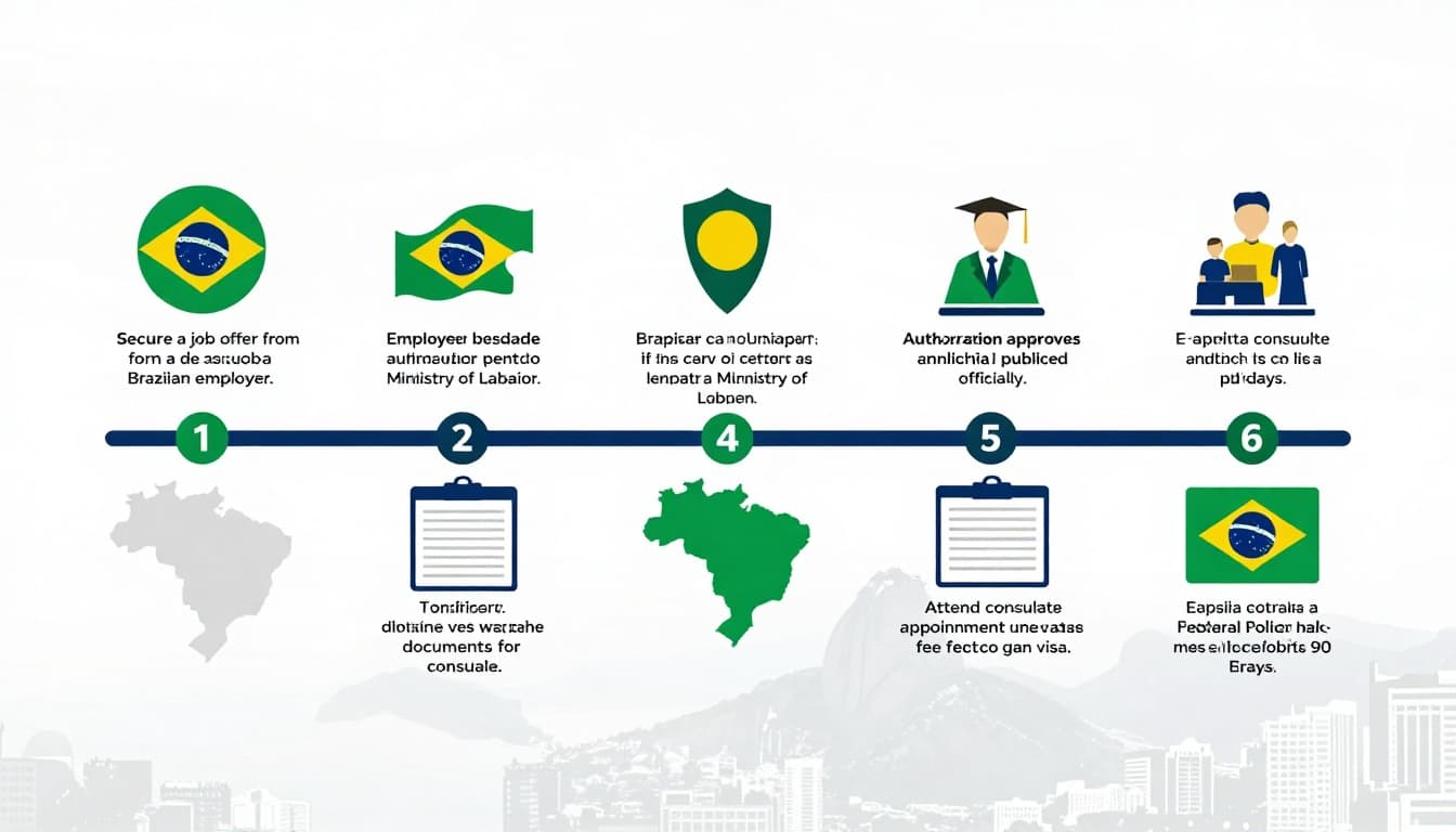 Detailed landscape infographic showing the six-step horizontal timeline for obtaining a temporary work permit in Brazil, featuring icons, Brazilian flag colors, and subtle map elements in a clean flat vector style.