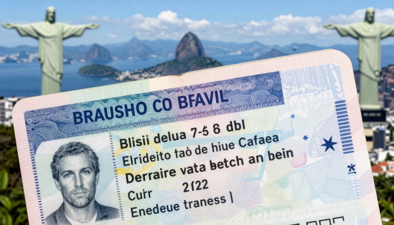 A detailed passport page featuring a Brazilian tourist visa stamp with validity dates and permissions, set against a background of Rio de Janeiro's Christ the Redeemer under a sunny sky.