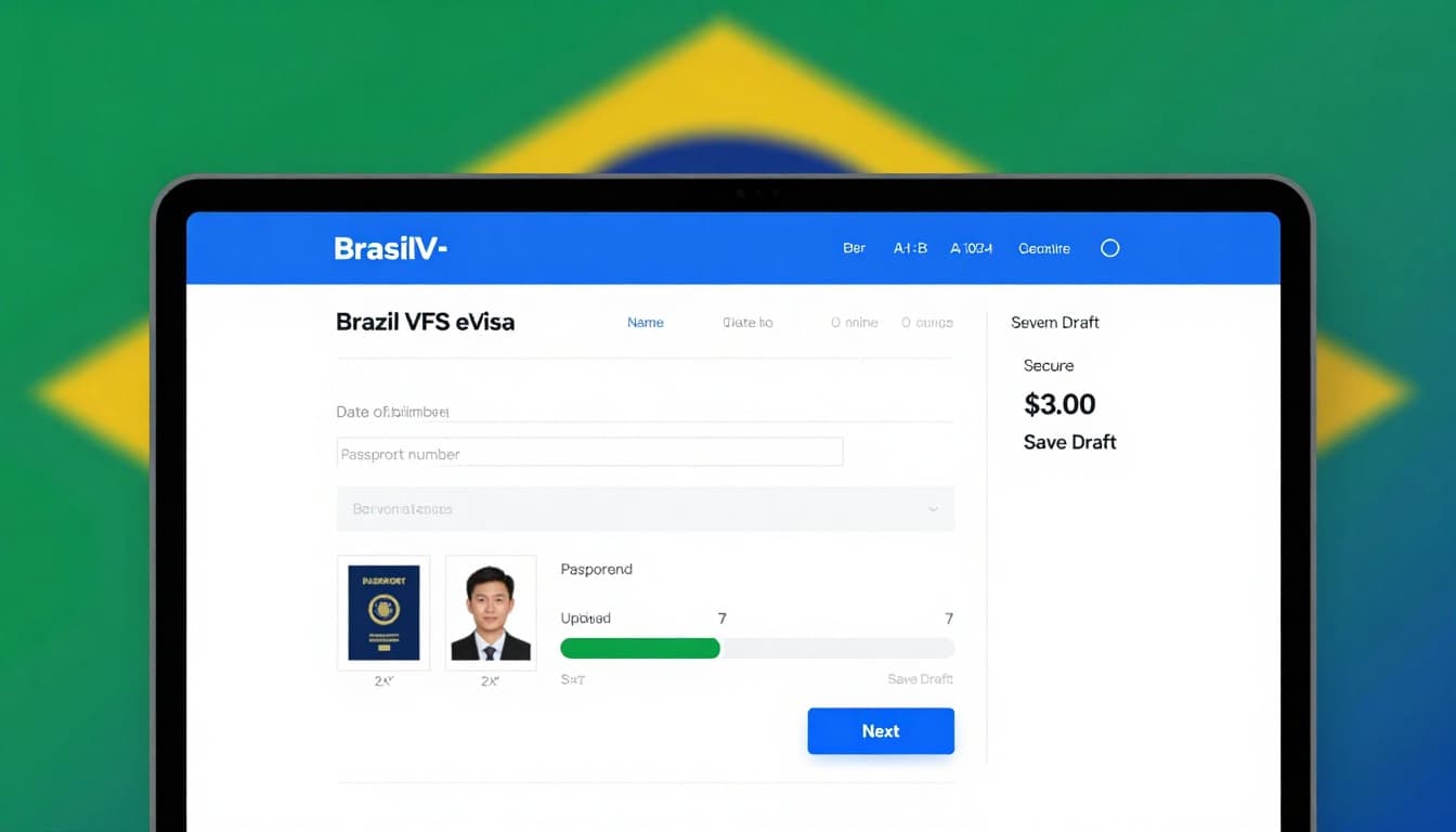 Brazil Visa Application Form Online Apply Guide 2026 2 Realistic digital illustration of Brazil VFS eVisa online application form on a computer screen, featuring personal details input, passport and photo uploads, step 3 of 7 progress, and secure payment summary with Brazilian flag gradient background.