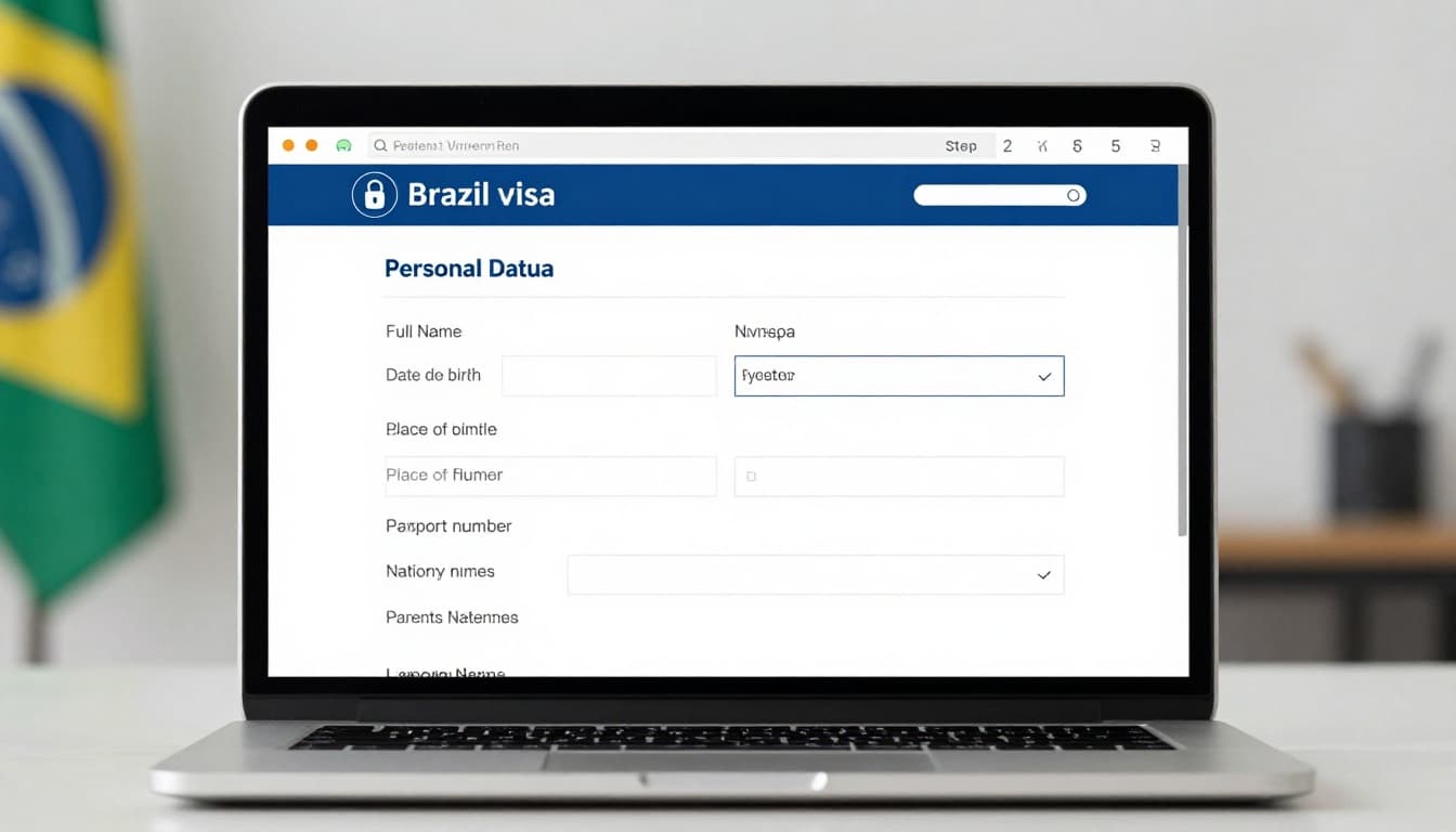 A realistic screenshot of the Brazil visa application form online interface on a computer screen, focusing on the personal data entry section with fields for full name, date of birth, passport number, and more. Clean modern web design in blue and white, government style with progress bar showing step 2 of 5.