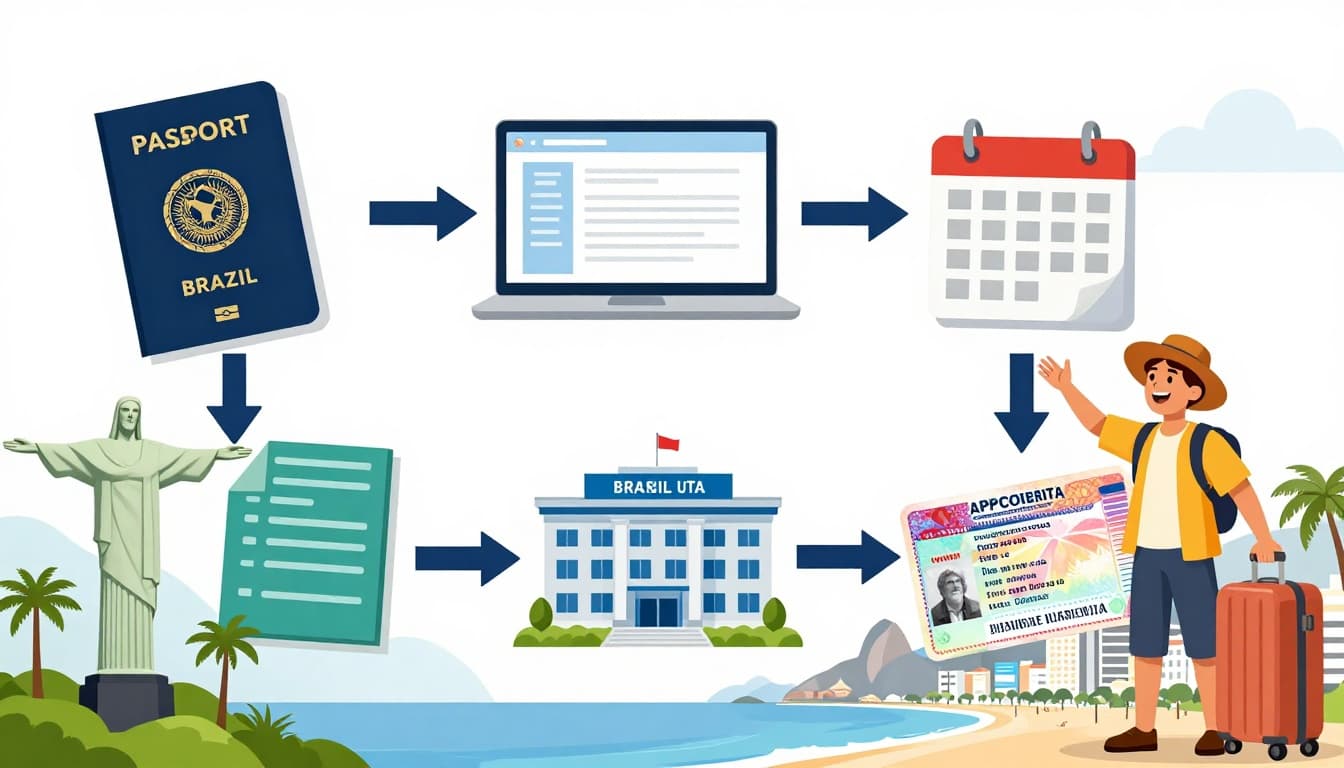 Brazil Visa Application from Nigeria: Steps, Fees, Documents 3 Illustrative infographic showing the Brazil visa application process with icons for passport, online form, documents, appointment, embassy, approval, and traveler, against Brazilian landmarks like Christ the Redeemer and Copacabana beach.