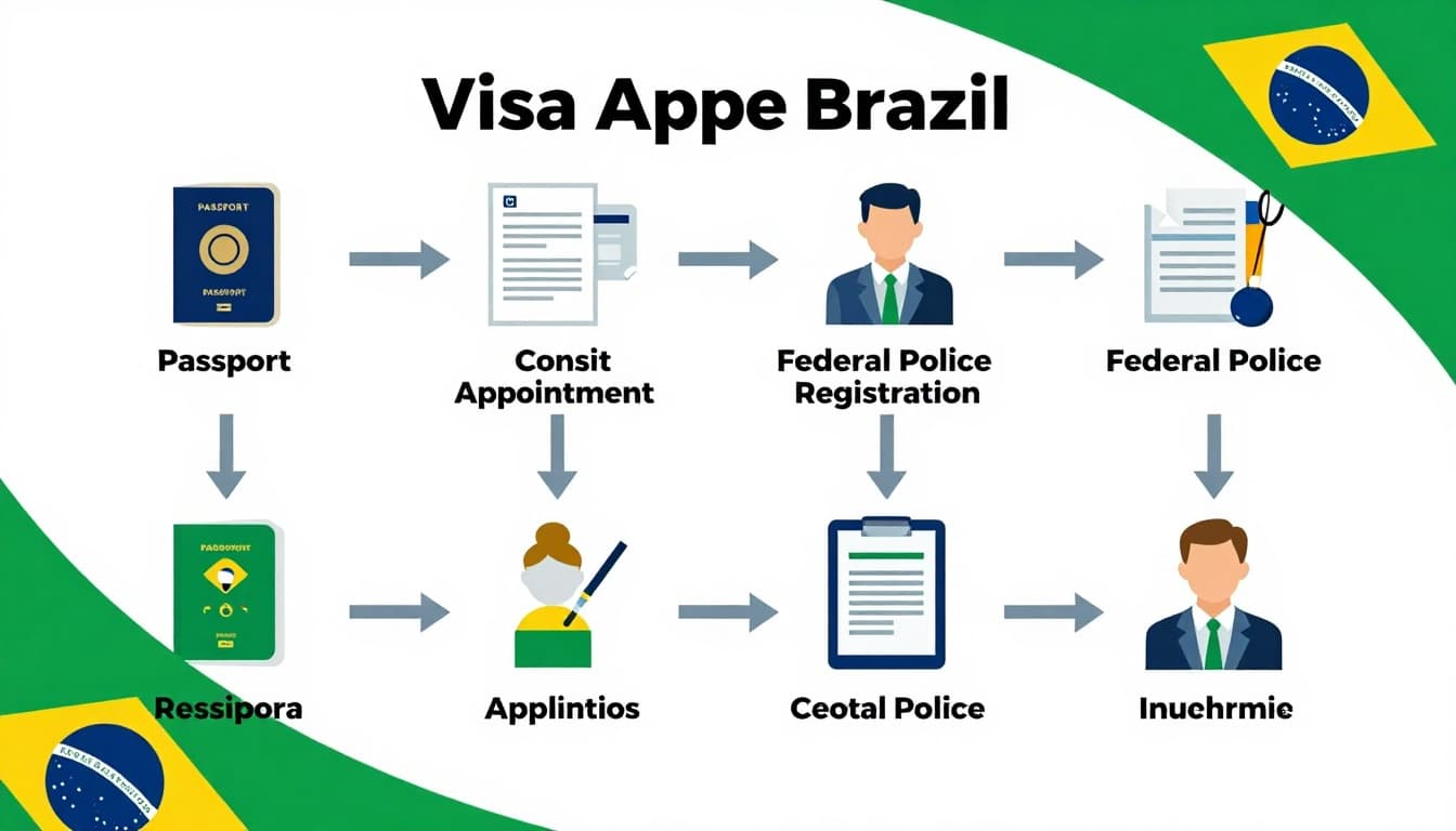 Immigration to Brazil: Your Guide to visas, Costs, and Paths 3 Infographic style illustration showing visa application steps for Brazil immigration, including passport, documents, consulate appointment, Federal Police registration, leading to permanent residency, with flowchart layout and Brazilian flag elements.