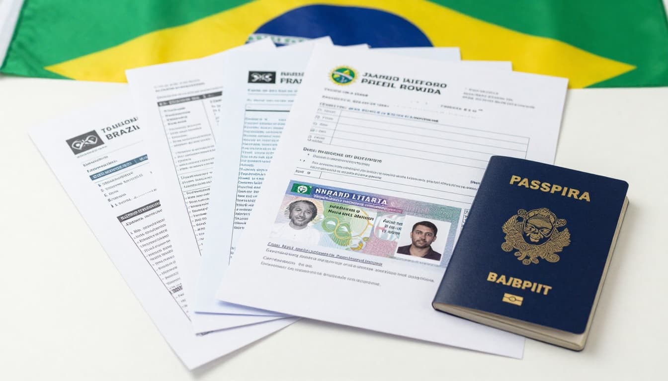 Brazil Visa Application Form for Nigeria: Get Approved 3 Stack of essential documents for Brazil visa application including Nigerian passport, visa form, flight tickets, hotel booking, bank statements, and passport photos neatly arranged on a table with Brazilian flag in the background.