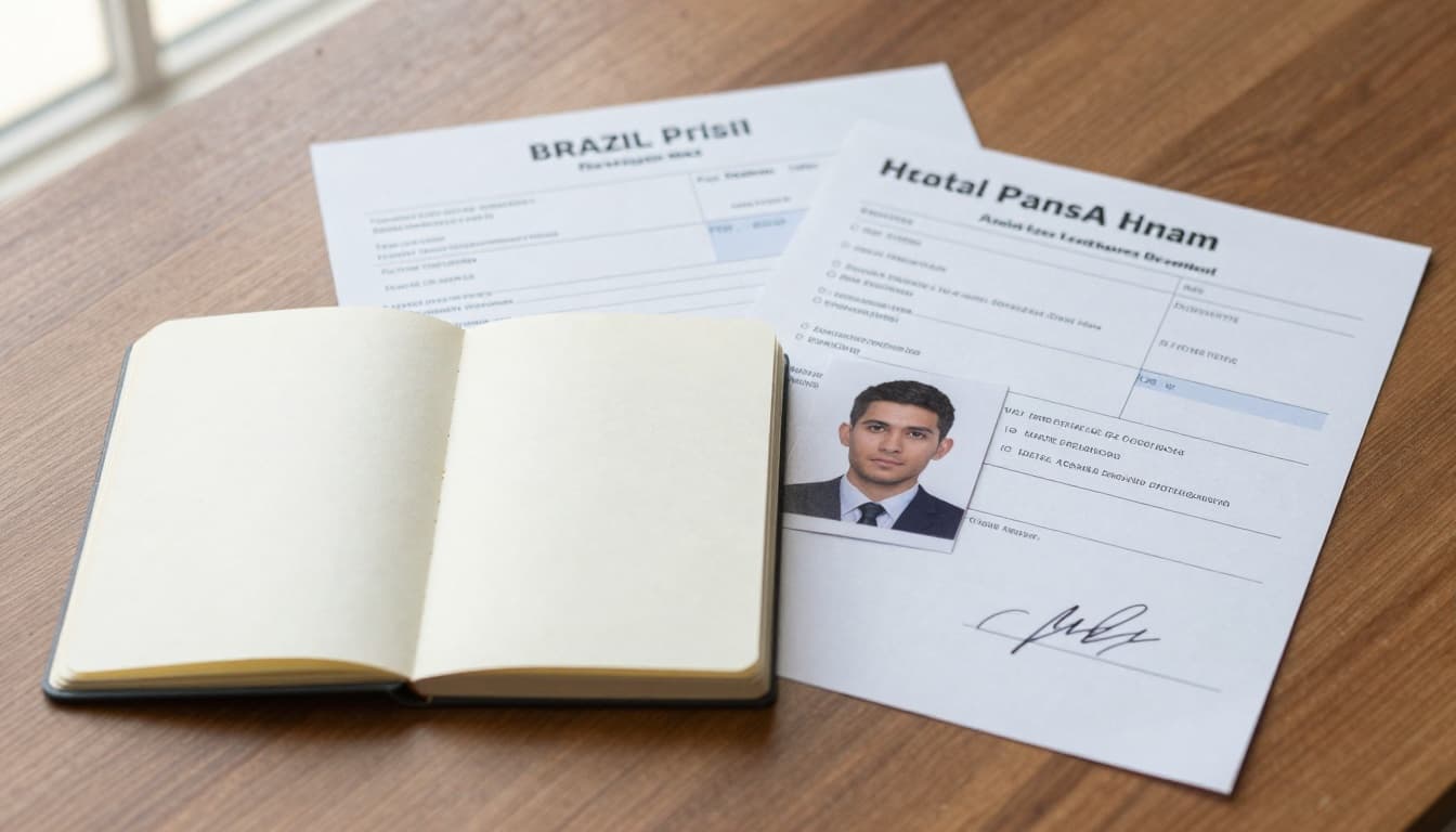Brazil Visa Application Form Download: Real eVisa Routes 3 Top-down view of essential Brazil visa documents on a wooden table: open passport, passport photo, flight itinerary, hotel booking, and signature scan, lit by soft natural light.