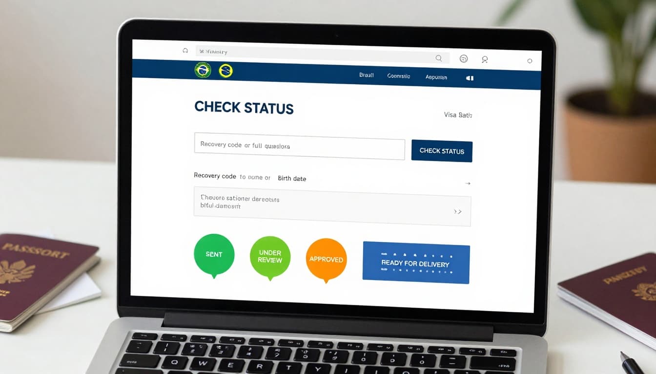 Brazil Visa Application Status: Real-Time Updates from Site 2 Realistic laptop screen displaying the official Brazil visa application status check page in English, with search fields, captcha, and green status balloons for various stages, set on a home office desk with passport and documents.