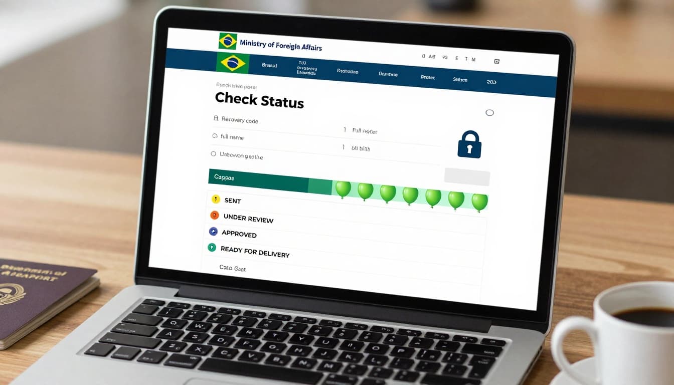Photorealistic image of a laptop screen displaying the Brazil Ministry of Foreign Affairs visa status check page in English, featuring recovery options, captcha, and green balloon progress indicators like SENT, UNDER REVIEW, APPROVED, READY FOR DELIVERY, on a wooden desk with passport and coffee mug.