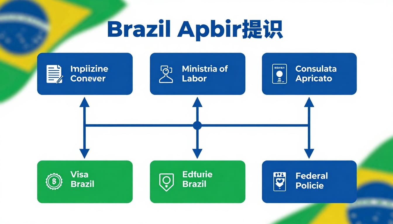 Professional flowchart showing step-by-step process for obtaining a Brazil work permit, from employer request to Federal Police registration, with clean lines, icons, and blue-green colors.