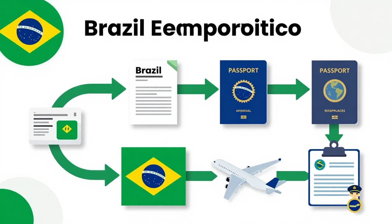 Brazil Work Permit for Indian Citizens | VITEM V Process 6 Infographic style illustration showing the step-by-step process for obtaining a Brazil work permit, including icons for job offer, employer approval, passport application at embassy, flight to Brazil, and police registration. Features vibrant colors, Brazilian flag elements, clean modern design with sequential arrows, professional and informative.