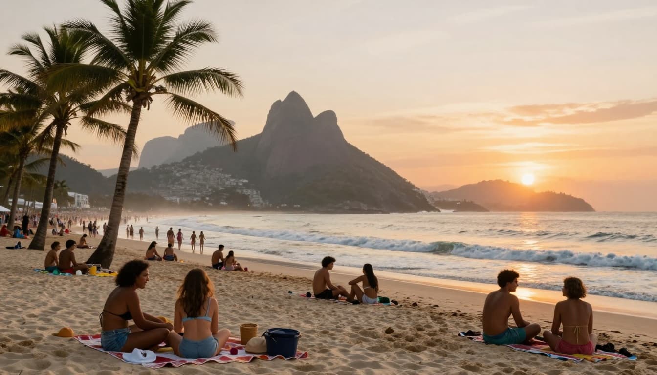 Immigration to Brazil: Your Guide to visas, Costs, and Paths 4 Photorealistic scenic view of Brazilian beaches in Rio or Bahia, with expats and diverse people relaxing amid palm trees and ocean waves at sunset, foreground family picnic, background mountains, evoking freedom and serenity.