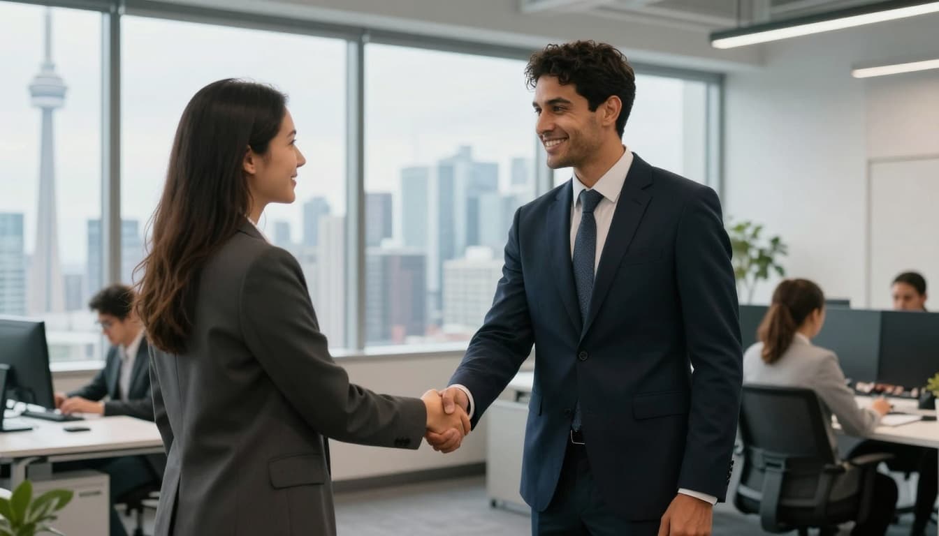 Work Permit for Brazilian in Canada Guide: Steps, Costs 2 A confident Brazilian professional man in business attire shakes hands with a Canadian colleague in a modern open-plan Toronto office, featuring large windows with CN Tower and city skyline views during daytime.