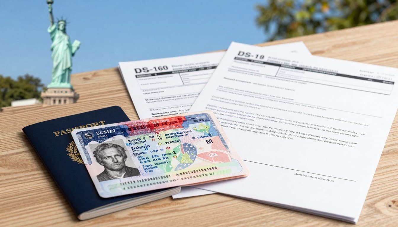 B1/B2 Tourist Visa Brazil to USA The Besr Guide 2026 2 A vibrant landscape image of a Brazilian passport open to a US B1/B2 tourist visa stamp on a wooden table, beside DS-160 form, bank statements, employment letter, and travel itinerary, with blurred Statue of Liberty in the background.