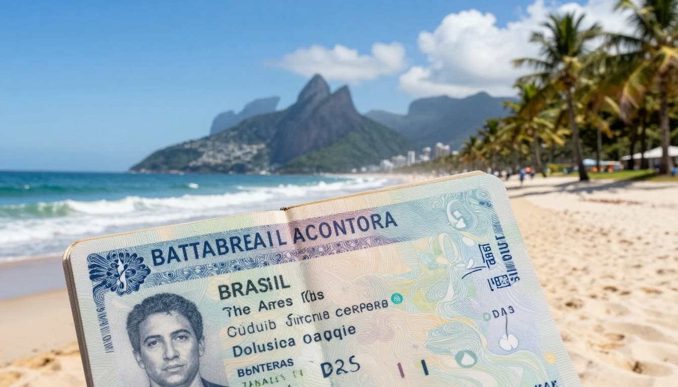 Tourist Visa Brazil How Long | 90 Days 180 Cap Guide 2 A realistic close-up photograph of an open passport displaying a clear Brazilian tourist visa entry stamp, positioned beside a scenic Brazilian beach featuring golden sand, turquoise waves, palm trees, and distant mountains under a bright blue sky.