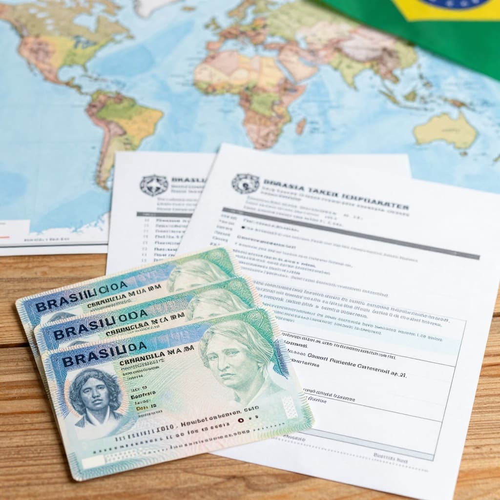 Brazilian visa stamps and immigration forms spread out on a wooden table, with a world map in the background and Brazilian flag subtly visible. Photorealistic top-down view featuring high detail and bright lighting, no people or text.