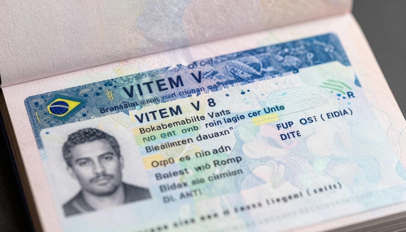 Work Permit Visa Brazil Guide: How Expats Work Legally 2 A detailed close-up view of a Brazilian VITEM V work visa stamp inside an open passport, highlighting visa details on textured pages with soft natural lighting and holographic elements.