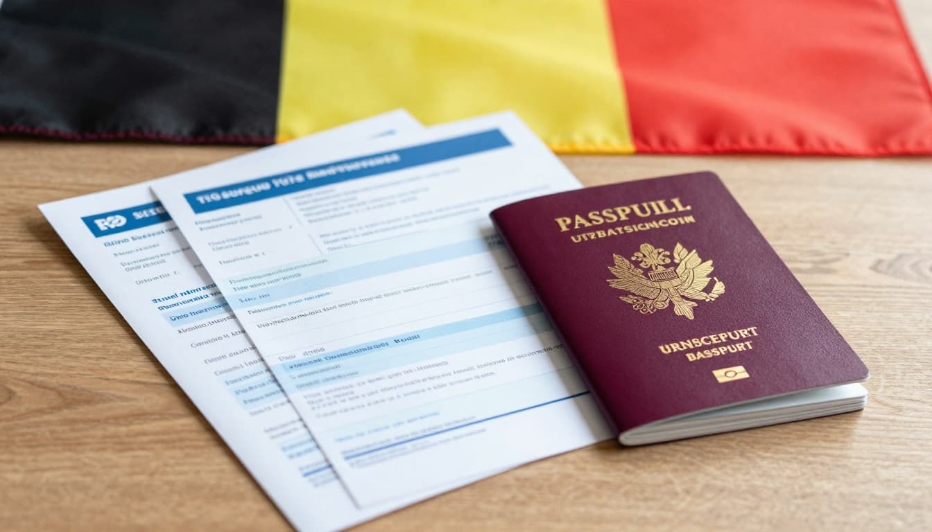 Visa Application for Belgium from the UK ETIAS Guide 5 A realistic photo of an open British passport on a wooden table with visa forms, travel insurance, flight tickets to Brussels, hotel booking, and Belgian flag.