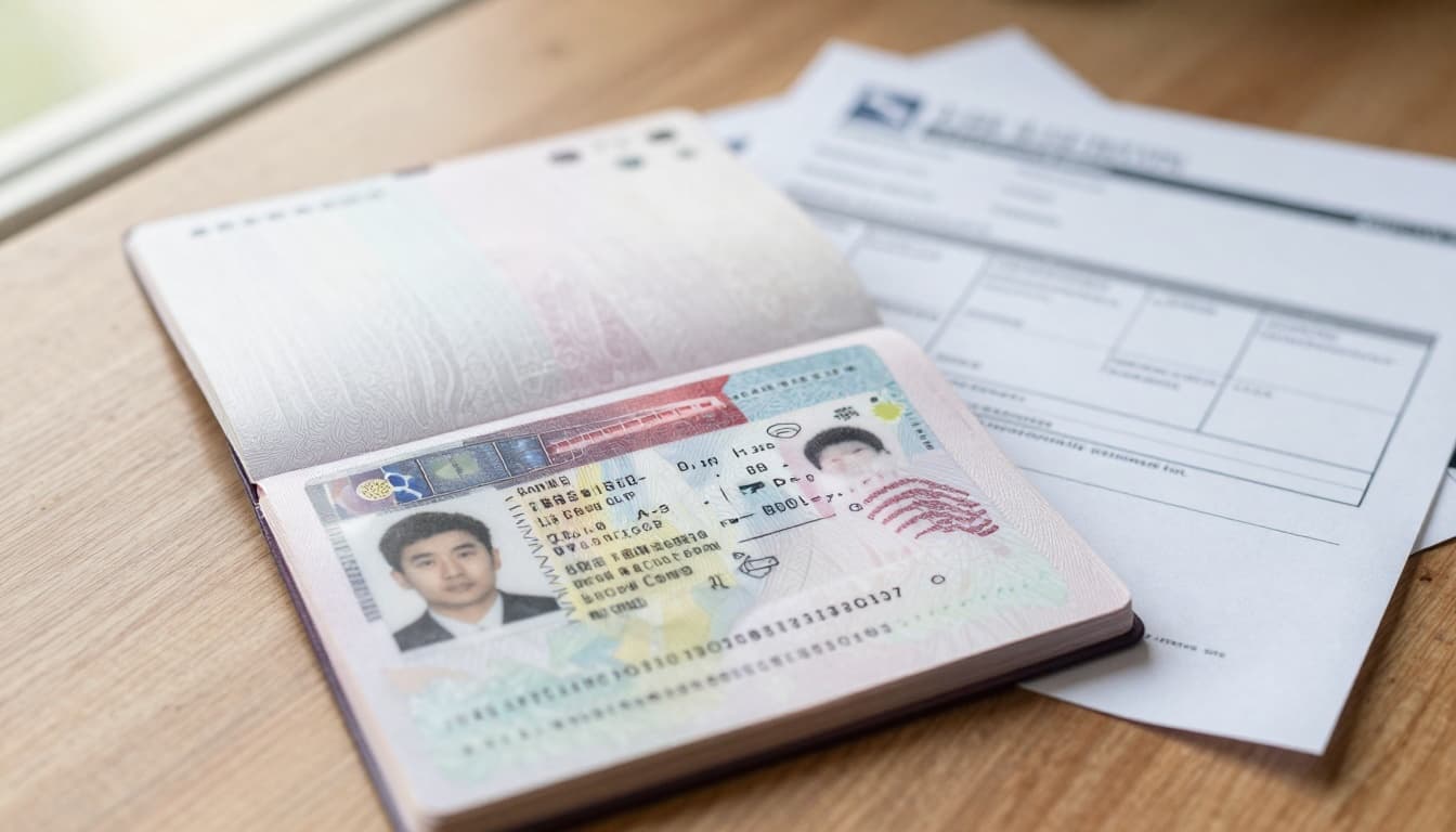 Realistic close-up of an open British passport on a wooden table displaying a valid Chinese tourist visa sticker with entry details, next to visa application form, passport photo, and flight itinerary.
