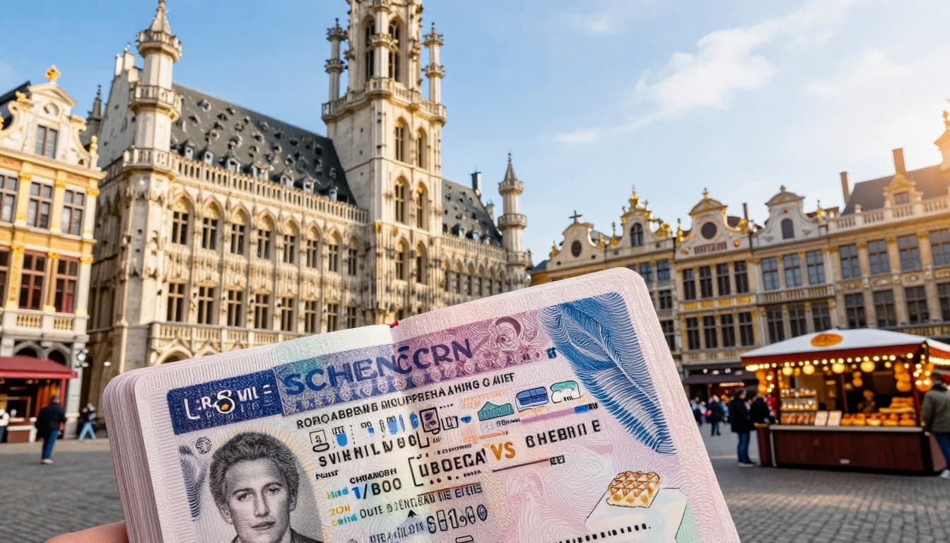 A vibrant landscape image of the iconic Grand Place in Brussels on a sunny day, featuring an open passport with a Schengen visa sticker in the foreground. Chocolate shops and waffle stands in the background evoke the excitement of travel to Belgium.