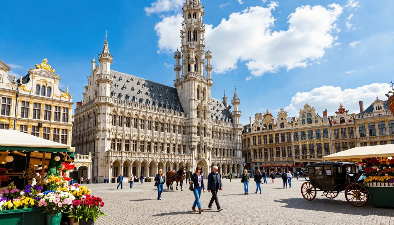Vibrant landscape view of Brussels Grand Place in Belgium during a sunny day, showcasing ornate Gothic guildhalls around the cobblestone square with tourists, horse-drawn carriages, and flower market stalls under a clear blue sky.
