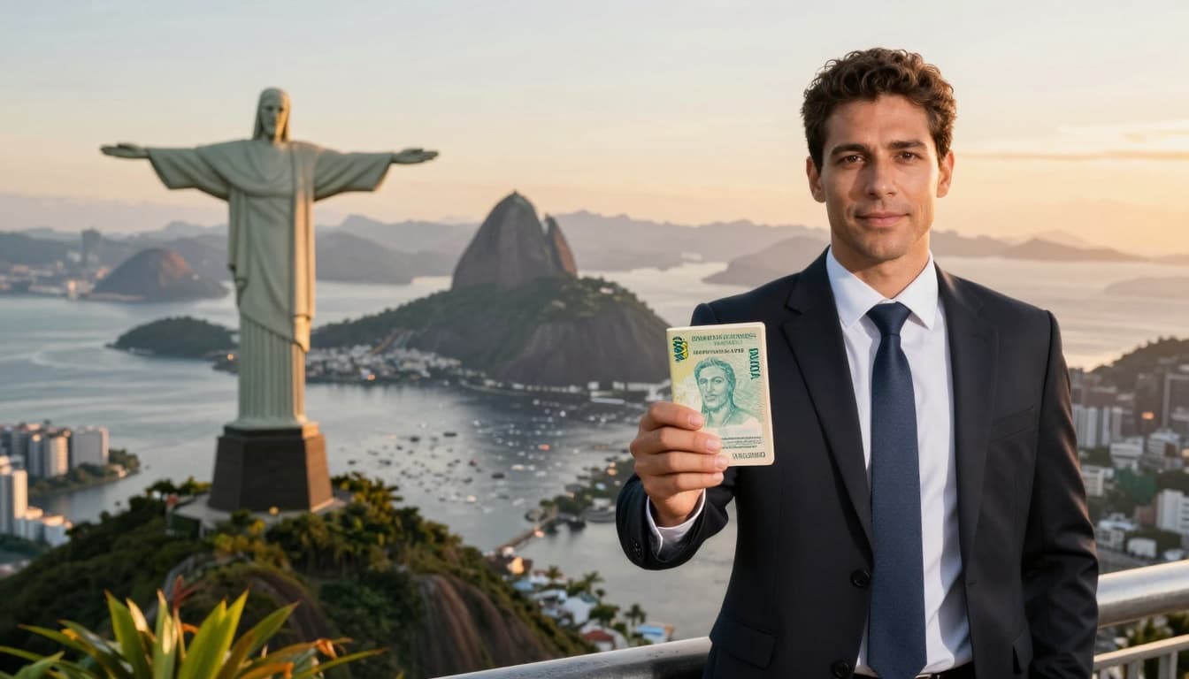 A professional in business attire holds an open passport clearly showing a Brazil visa stamp, standing confidently in front of the Rio de Janeiro skyline featuring Christ the Redeemer and Sugarloaf Mountain at golden hour sunset.
