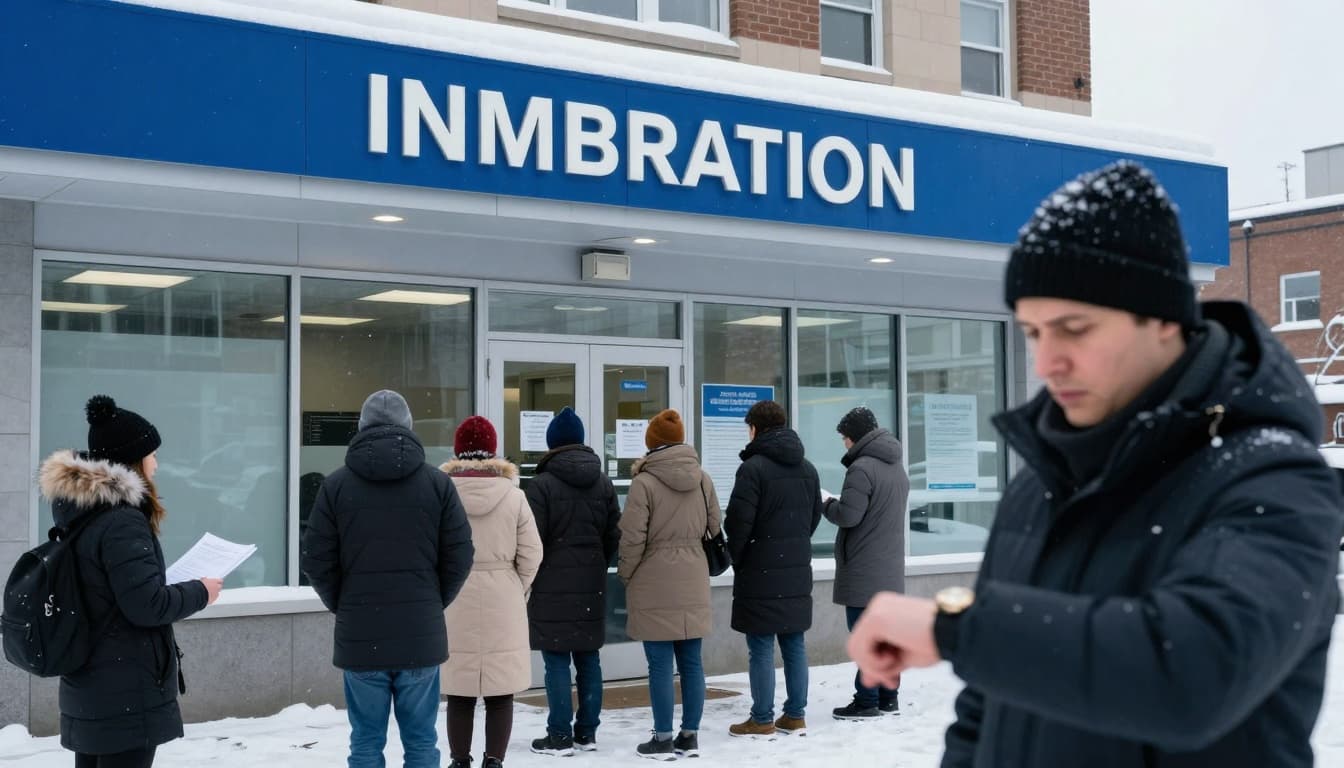 Temporary Resident Permit Guide: 2-6 Months Border Fast 7 Exterior of a crowded Canadian visa office on a snowy winter day in January 2026, with people queuing with documents and a frustrated applicant checking their watch in the foreground.