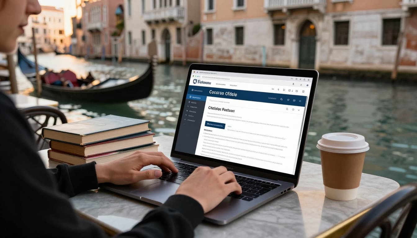 Detailed realistic scene of a student typing a scholarship application on a laptop at a cafe overlooking Venetian canals near Ca Foscari University, with books, coffee, gondolas, golden hour sunlight, and cozy focused atmosphere.