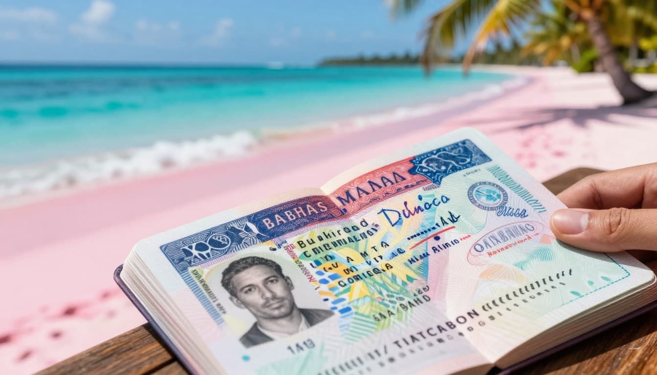 Bahamas Tourist Visa for Cameroonians: Easy eVisa Guide 2 A realistic close-up of an open Cameroonian passport displaying a fresh Bahamas tourist visa stamp on a wooden table, adjacent to vibrant pink sand beaches, turquoise ocean waves, and swaying palm trees under a sunny sky.