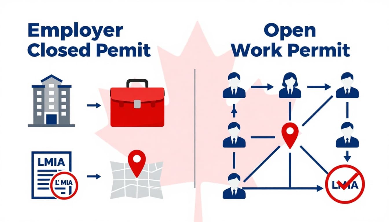Infographic comparing employer-specific closed work permits and flexible open work permits for Canada, with icons for employers, jobs, locations, and LMIA requirements on a subtle maple leaf background.