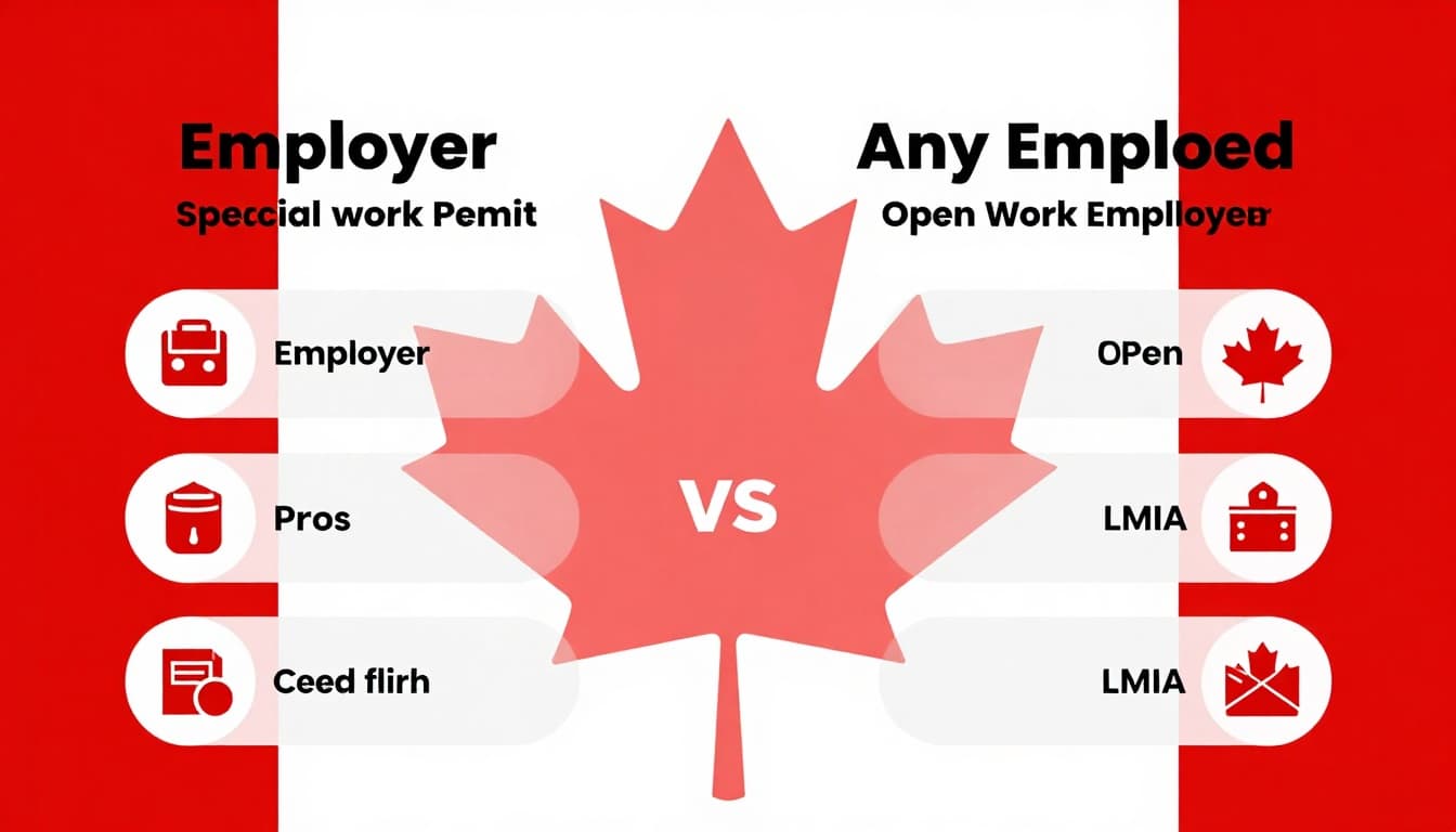 A clean, professional infographic comparing closed employer-specific work permits and open work permits for Canada, featuring icons for employer restrictions, pros like job flexibility, LMIA requirements, in red and white Canadian flag colors with subtle maple leaf background.