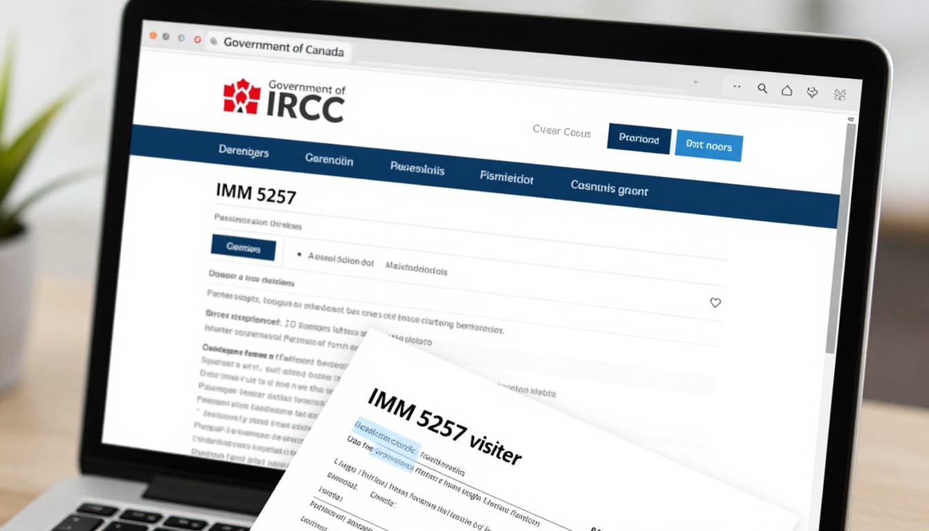 A clean desktop screen displaying the official Government of Canada IRCC website open to the application forms and guides page, with the IMM 5257 visitor visa form PDF highlighted in the foreground.