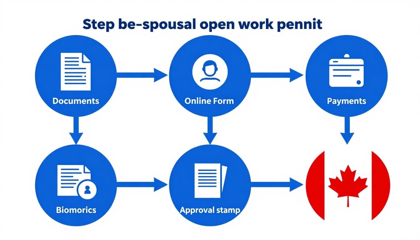 Infographic style image depicting the step-by-step process to apply for a spousal open work permit in Canada, using icons for documents, online form, payment, biometrics, and approval, with Canadian flag elements in a clean modern blue and red vector art design.