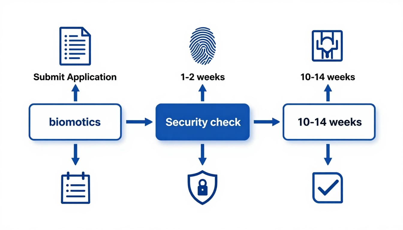 Study Permit Canada Processing Time: Your Quick Guide 2 A simple professional flowchart illustrating the Canada study permit application process from submission to approval, featuring key steps like biometrics, medical exam, security check, and decision with approximate time estimates.