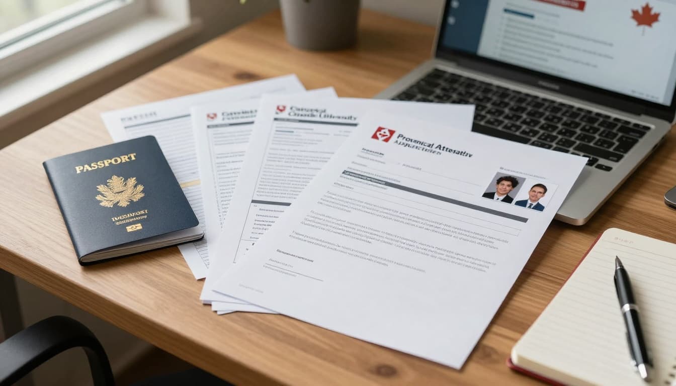A photorealistic top-down view of a wooden desk displaying key documents for a Canadian study permit application, including an open passport, university acceptance letter, bank statements, Provincial Attestation Letter, passport photos, fee receipt, and notepad with pen, illuminated by soft natural light.