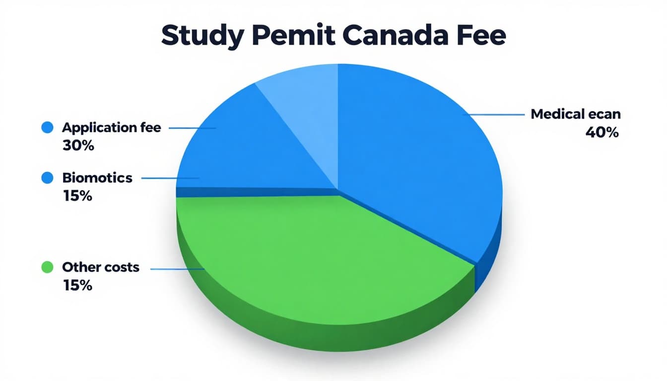 Study Permit Canada Fees: Costs, Tips, and How to Apply 2 Detailed pie chart infographic showing the breakdown of typical Canada study permit fees: medical exam 40%, application fee 30%, biometrics 15%, other costs 15%. Vibrant blues and greens, clean modern design on white background, professional style with subtle shadows.