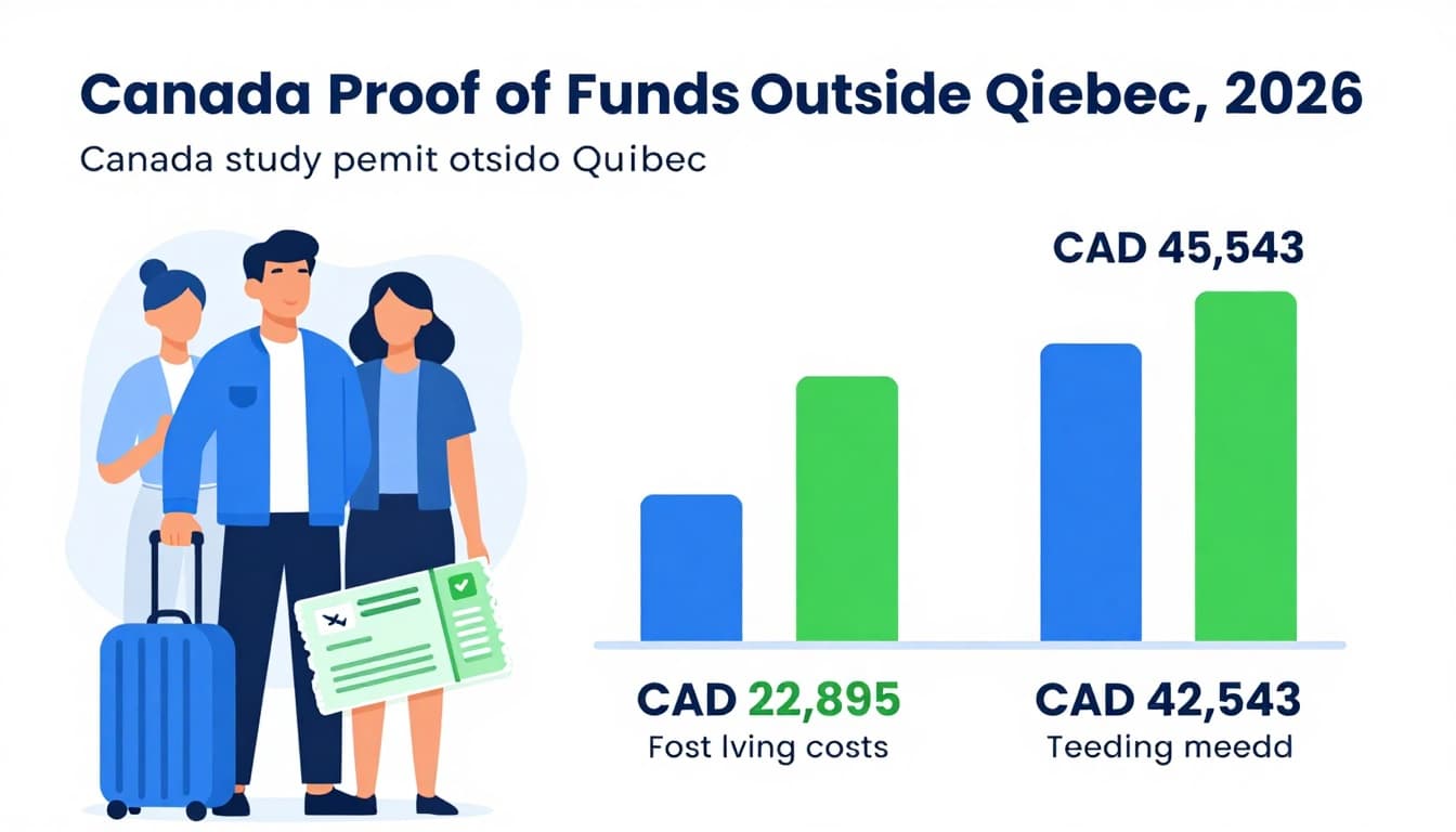 Study Permit Canada Proof of Funds Guide for Application 2 Illustrative infographic depicting the minimum proof of funds required for a Canada study permit outside Quebec in 2026, showing a single international student with living costs, tuition, and travel icons, plus background visuals for students with family members using bar graphs and stacked icons in modern flat design.