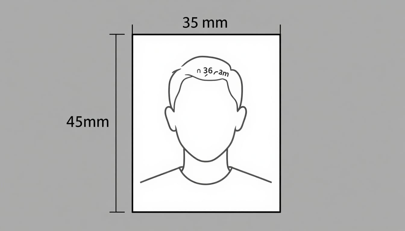 Clear technical diagram showing the exact dimensions for a Canada study permit visa photo: 35 mm wide by 45 mm tall frame with head height of 31 to 36 mm, centered.