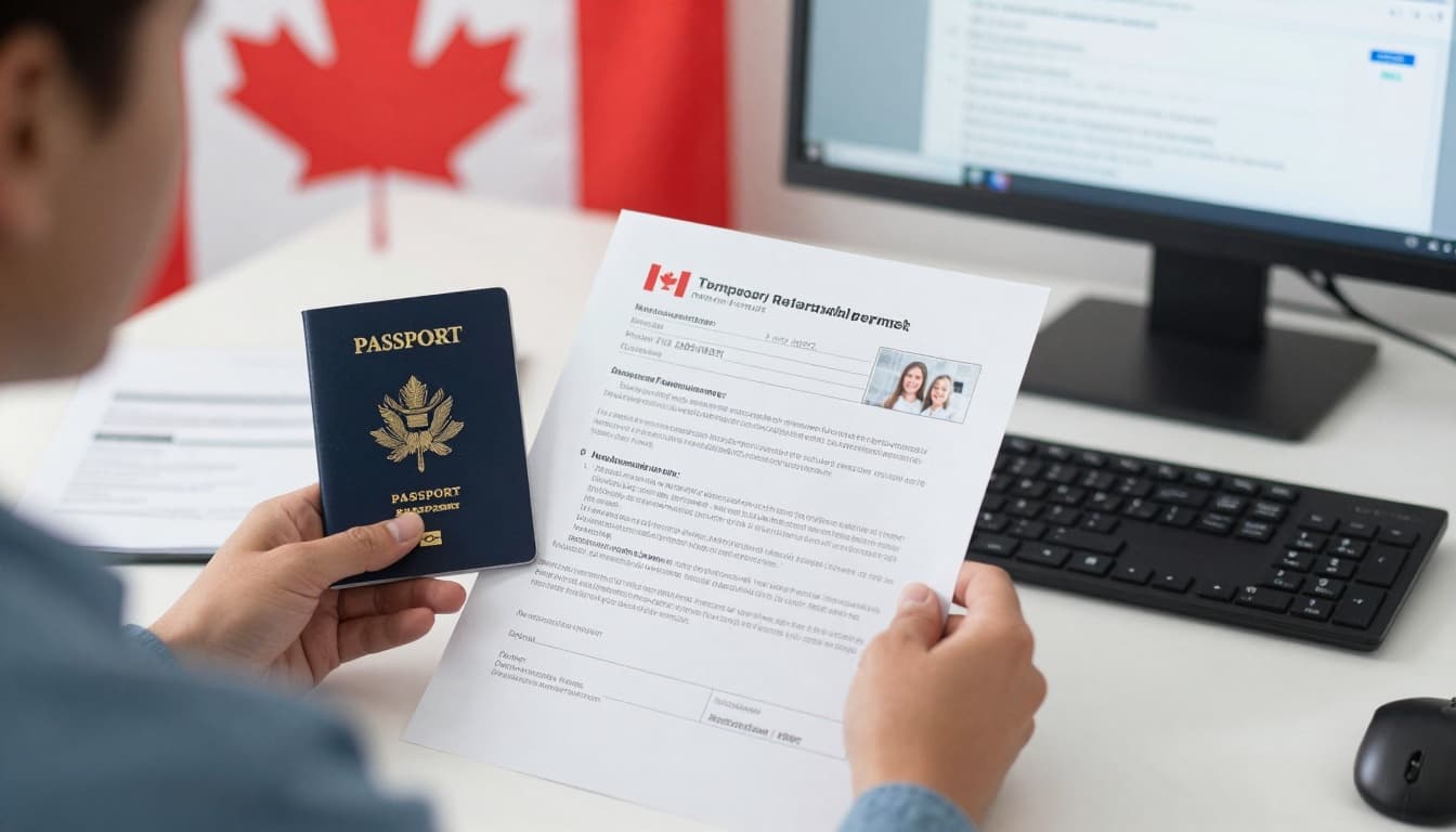 A professional sits at a desk reviewing a checklist and documents for a Canada Temporary Resident Permit application, including passport, court records, proof of ties, and IRCC website on a computer, with subtle Canadian flag elements in the background.