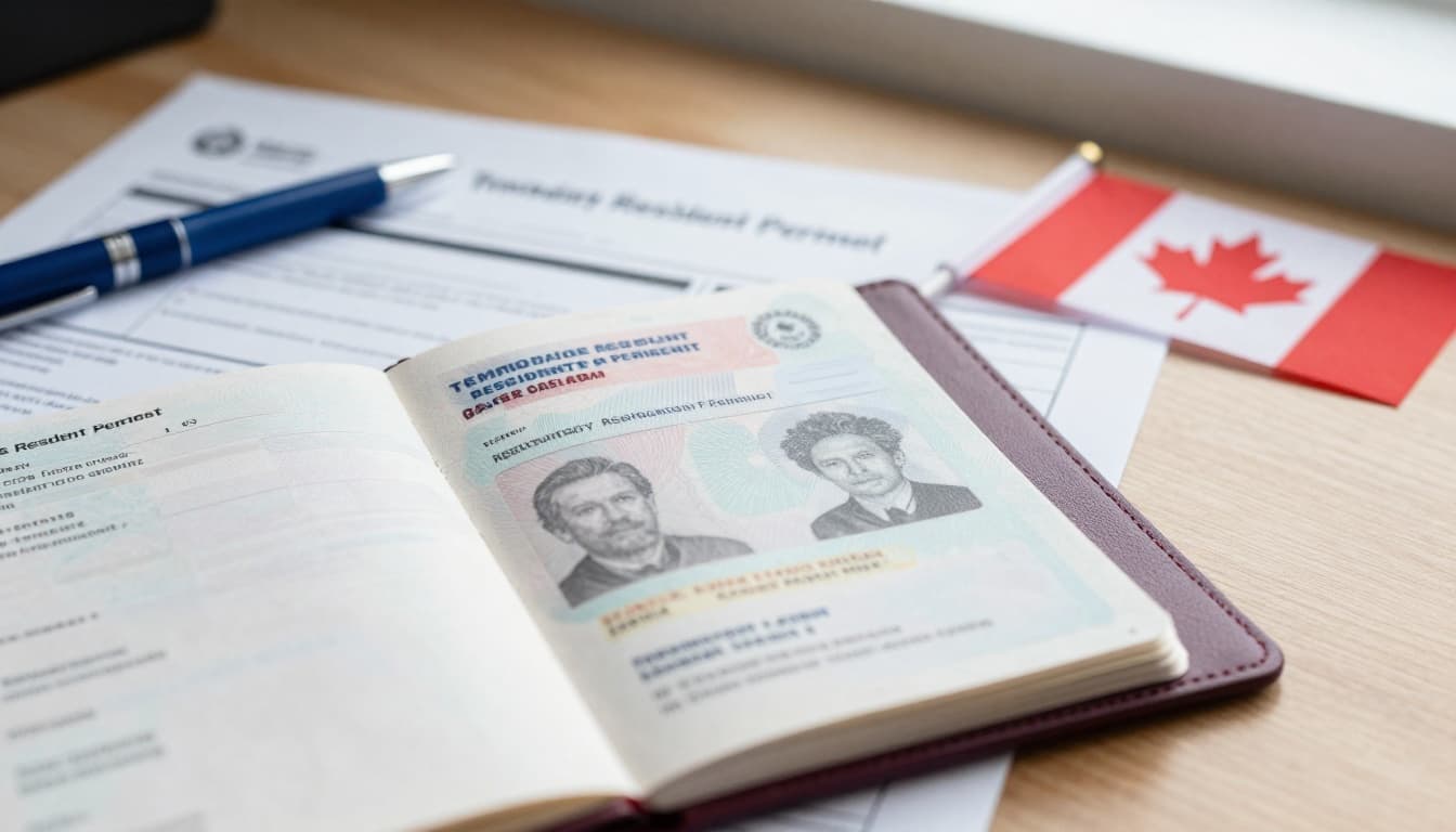Temporary Resident Permit (Case Types 86 Through 95 Only) 2 Close-up of an open passport showing a Temporary Resident Permit stamp from Canada, next to scattered immigration application forms, a blue pen, and a small Canadian flag on a wooden desk.