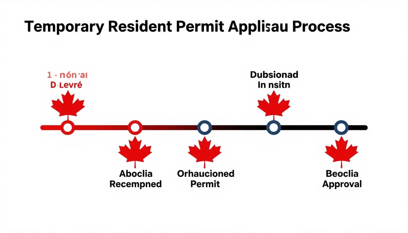 Temporary Resident Permit Guide: 2-6 Months Border Fast 6 Visual timeline illustration depicting the stages of the Temporary Resident Permit (TRP) application process from submission to approval, featuring calendar icons for 1-6 months processing times and integrated Canadian maple leaf elements in a clean, modern infographic style on a white background.
