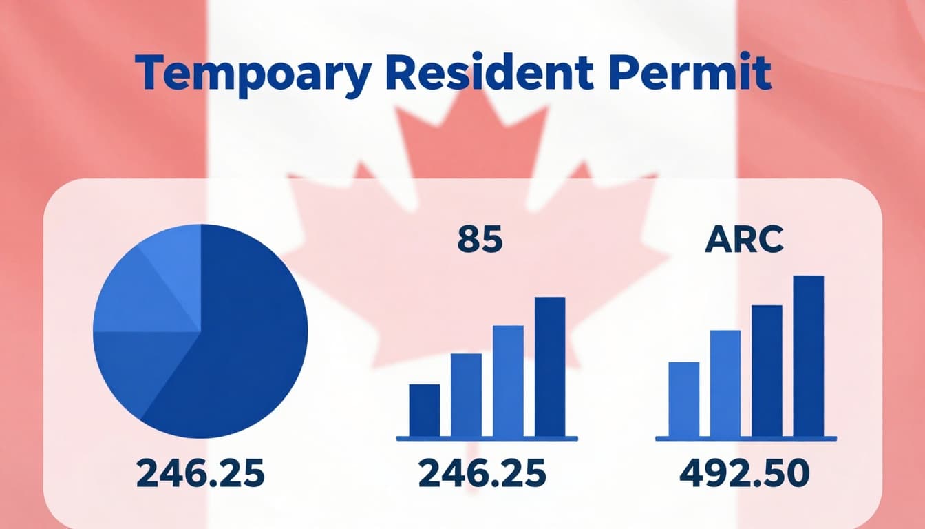 Clean infographic displaying the breakdown of Temporary Resident Permit (TRP) costs in Canada, featuring icons for main TRP fee, biometrics, restoration, and ARC with CAD amounts alongside pie charts or bar graphs.