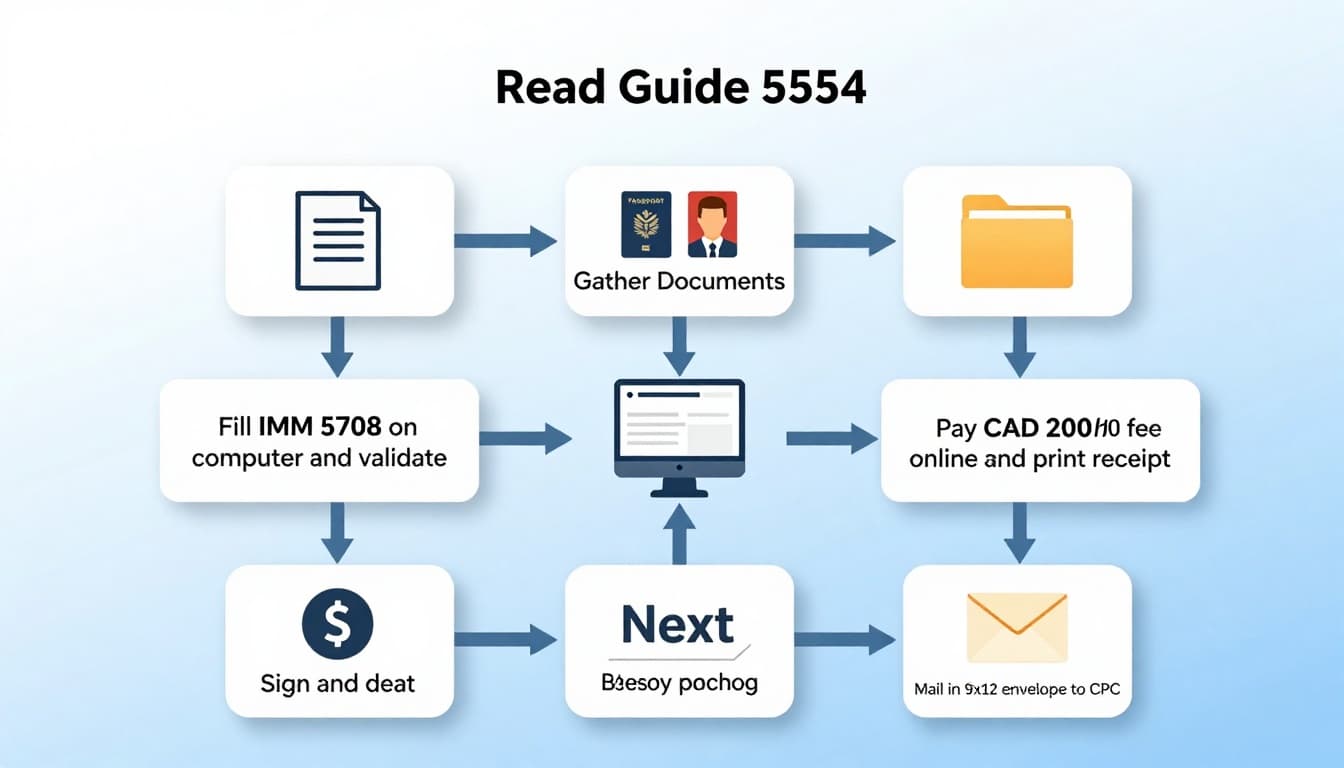 Clean professional flowchart detailing steps to fill out and submit Temporary Resident Permit application in Canada, from reading Guide 5554 to mailing the package.
