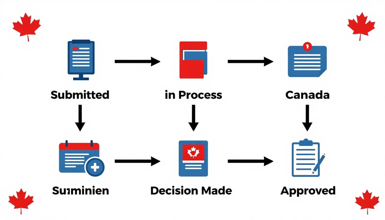 Canada Visa Application Status Check Online: Complete Guide 6 Infographic flowchart depicting Canada visa application stages: submitted, in process, decision made, and approved, with icons, arrows, maple leaf accents on white background.