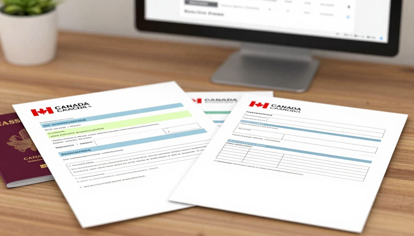 Canada Visa Application Status: IRCC ToolsI, CAS, Trackers 3 Illustration of various Canada visa documents spread out on a wooden table, including acknowledgment of receipt letter with highlighted UCI and application number, passport, and biometrics instruction letter. Soft warm lighting with a computer screen in the background showing visa status check page, in a realistic style.